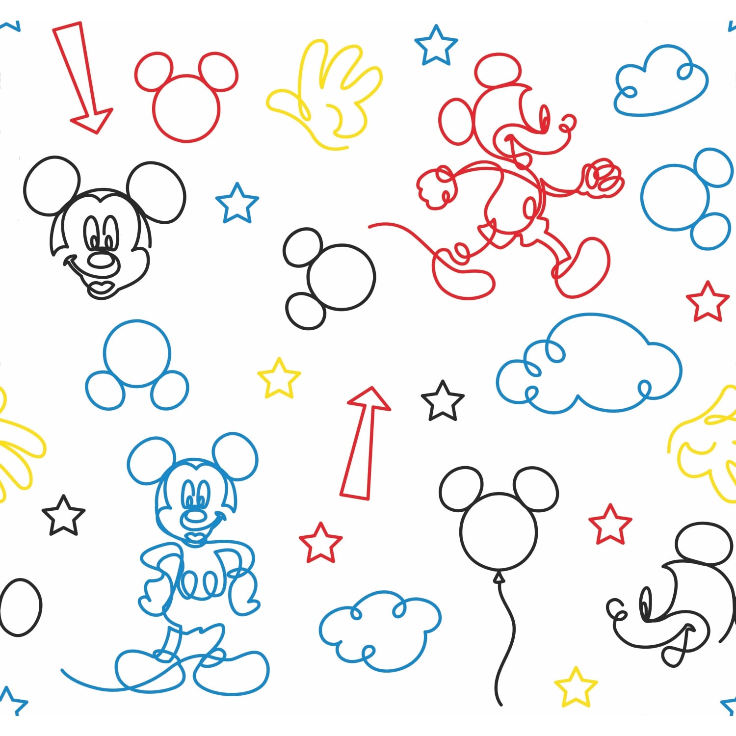 Red & Yellow Disney Mickey Mouse Line Art Peel and Stick Wallpaper by RoomMates