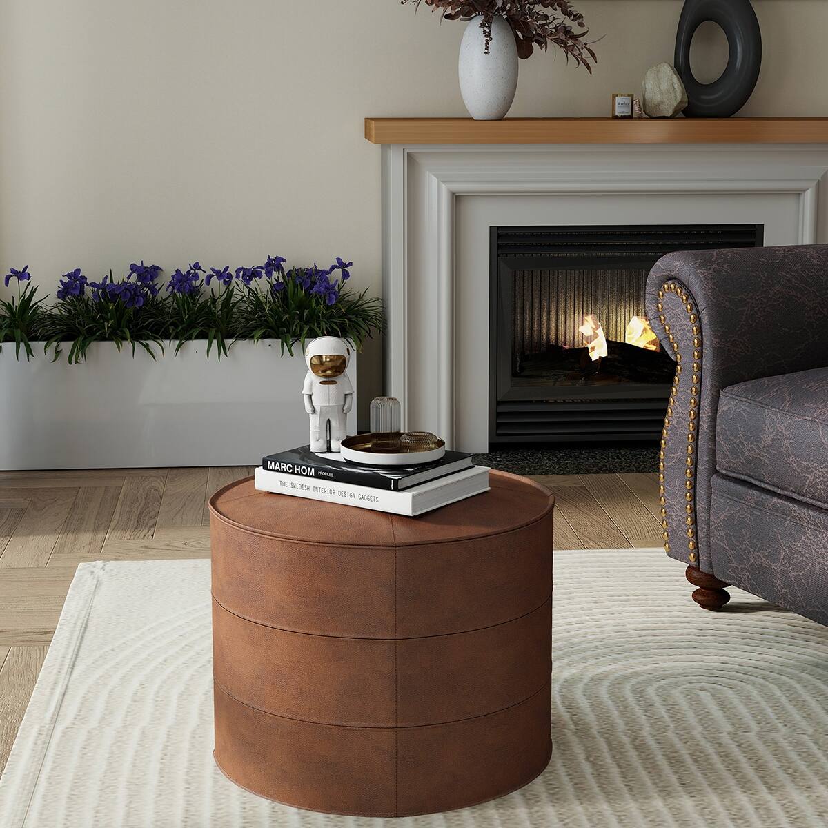 Kayamas Genuine Leather 21 inch Pouf Ottoman for Modern Interior