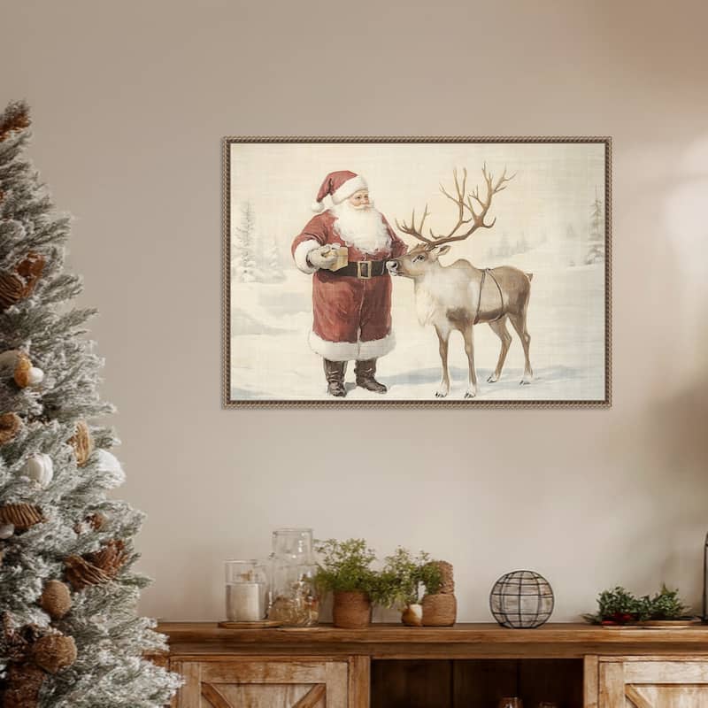 Santa Claus with Reindeer in Winter Wonderland by Melloi Art Prints Framed Canvas Wall Art Print - Sylvie Beaded Dark Gold