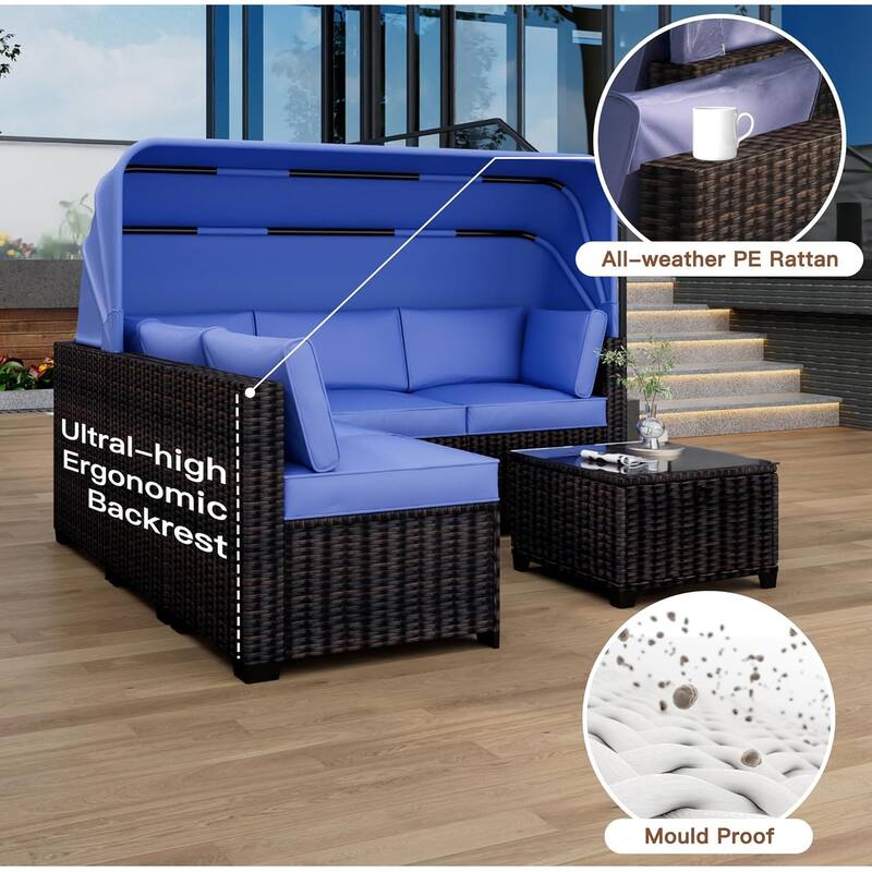 6-Piece PE Rattan Patio Sectional Set, Weather-Resistant Furniture, Retractable Canopy, Adjustable Backrest, Outdoor