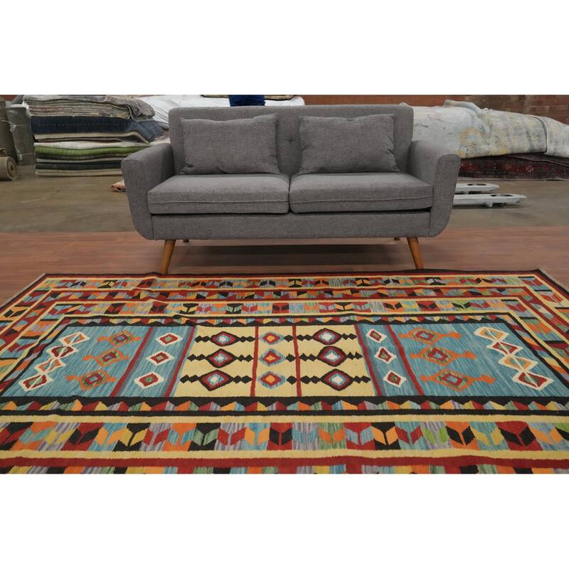 Hand Woven Oriental 100% Wool Carpet Southwestern Tribal Navy Blue & Blues Kilim Area Rug - 8' 7'' X 6' 1''