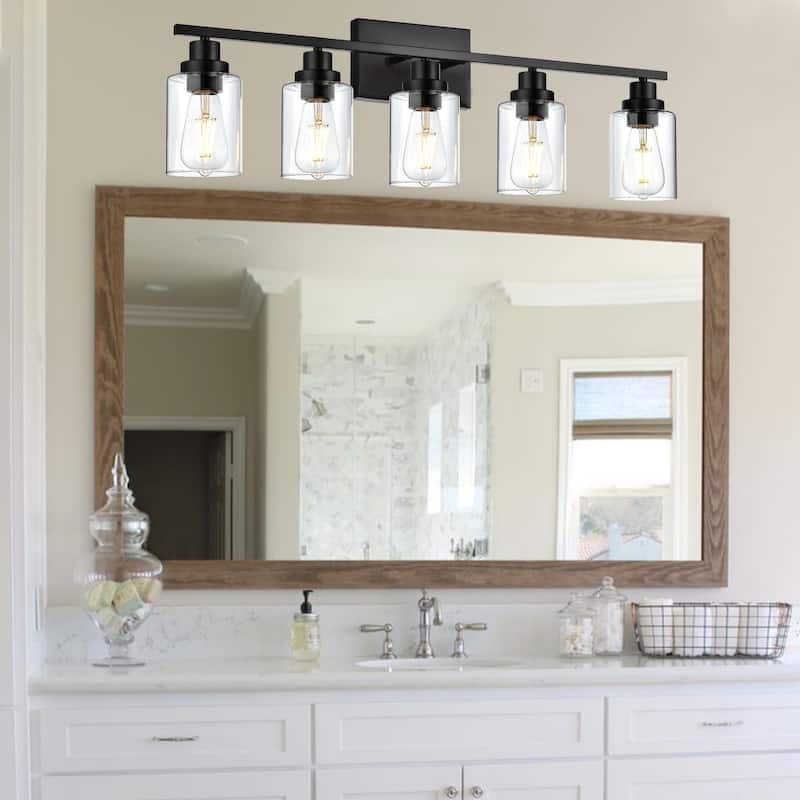 5-Light Wall Light Black Bathroom Vanity Lights, E26 Modern Bathroom Light Fixtures with Clear Glass Shade, Sconces Wall Lights