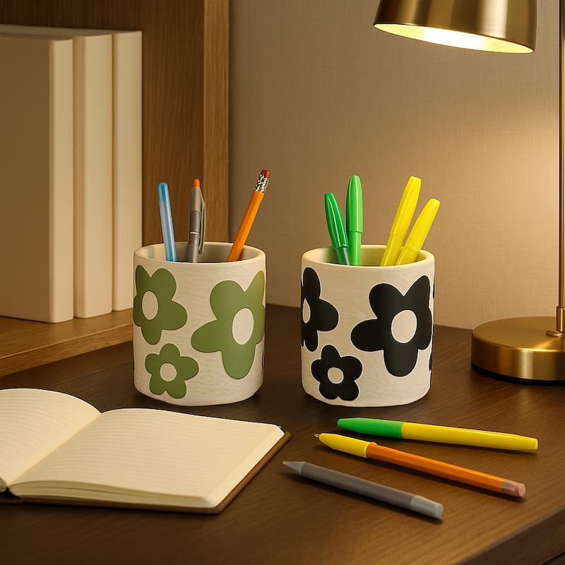 Decorative Flower Pencil Cups Storage - Set of 2, 4", Green & Black - 4.0" - Painted - White