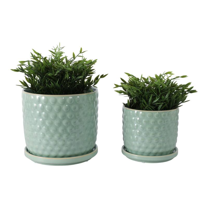 Ceramic Planters with Textured Bubble Surface and Saucers (Set of 2) - 8" x 8" x 7"