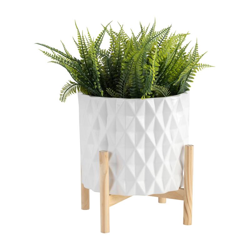Sagebrook Home Ceramic Planter on Pine Wood Stand - Enhance Your Living Space - Garden Chic Decor