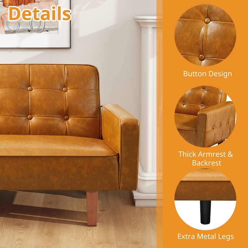 Mid-Century 74” in PU Leather Futon Sofa Bed, Button Tufted Sofa 3-Seat for Living Room Bedroom