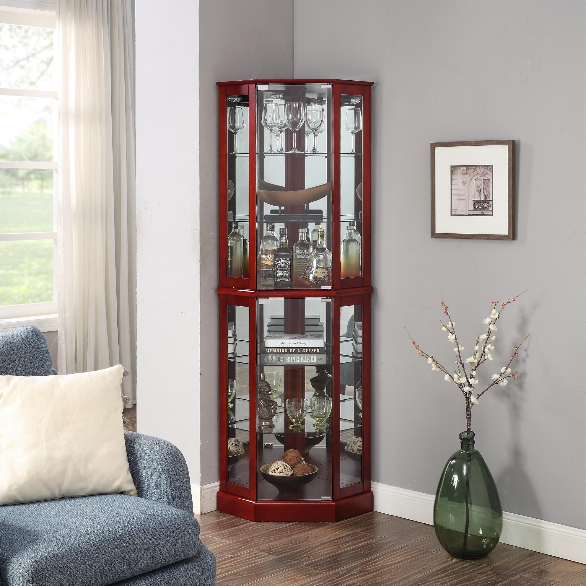 Shop Belleze Ashfield Lighted Wood Glass Curio Corner Cabinet