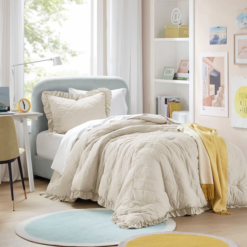 Chelsea Square Himari Diamond Quilted Ruffle Edge Comforter Set - Neutral - Twin