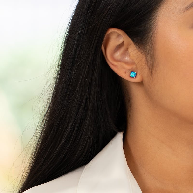 14k Yellow Gold Blue Opal Stud Earrings 1 ct Cushion Shape