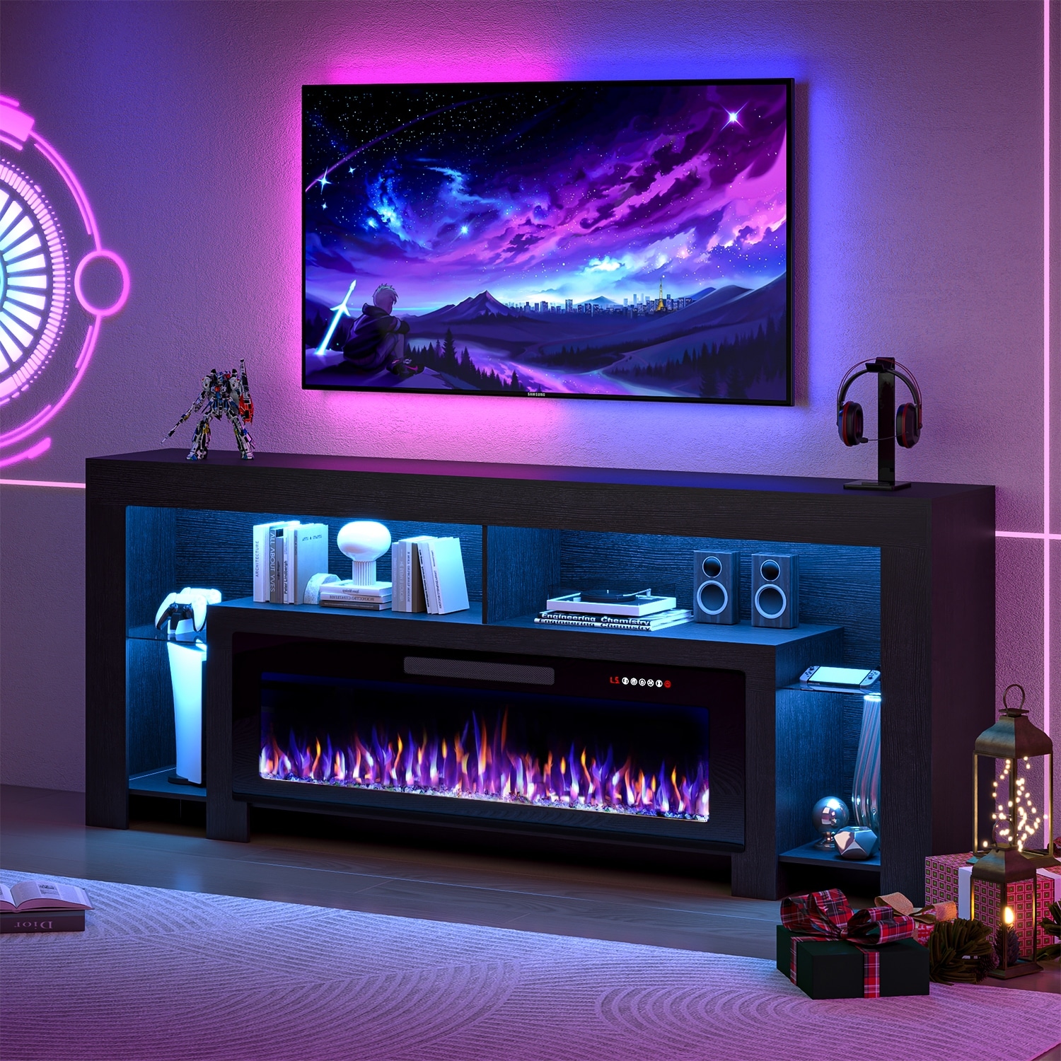 BOSSIN 80" Electric Fireplace TV Stand Entertainment Center, High Gloss with LED Lights, Holds TVs Up to 90 Inches, White