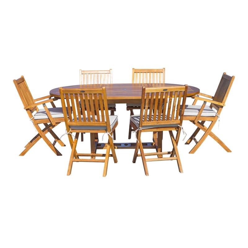 Seven Seas Teak 7 Piece Teak Wood San Diego Patio Dining Set with Round to Oval Extension Table, 2 Arm Chairs and 4 Side Chairs