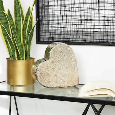 Gold or Silver Aluminum Metal Slanted Heart Sculpture with Cube Textured Exterior