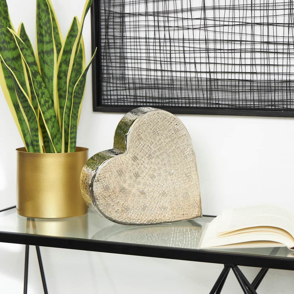 Gold or Silver Aluminum Metal Slanted Heart Sculpture with Cube Textured Exterior