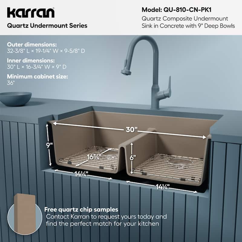 Karran 32" Undermount Double Equal Bowl Quartz Kitchen Sink Kit - 32" x 19.5" x 9"