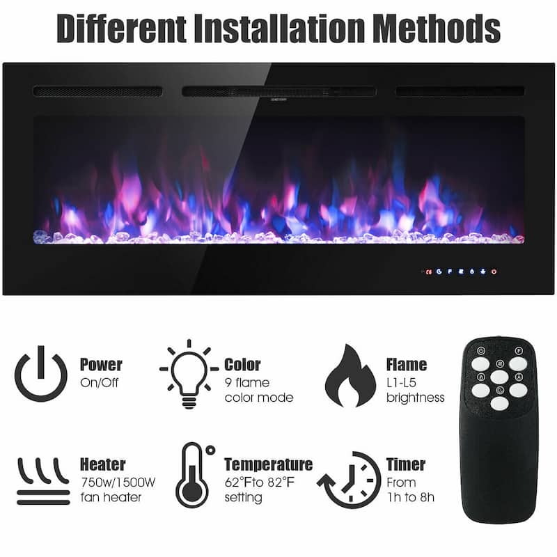 Gymax 50'' Electric Fireplace Recessed and Wall Mounted 750W/1500W W/