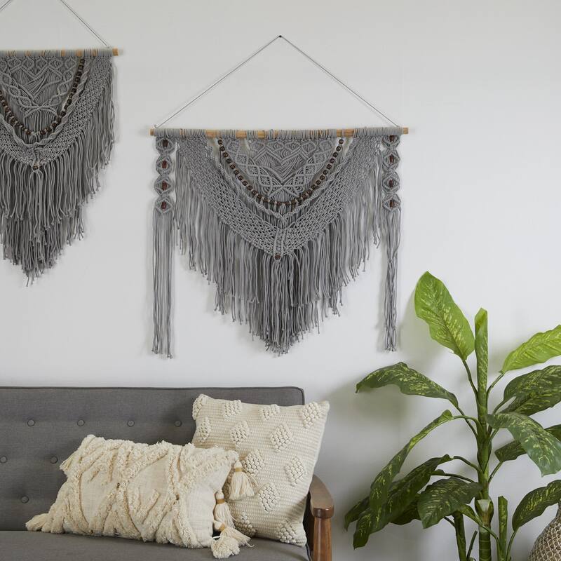Cotton Fabric Macrame Handmade Intricately Weaved Wall Decor with Beaded Fringe Tassels - Gray - Roche River Decor