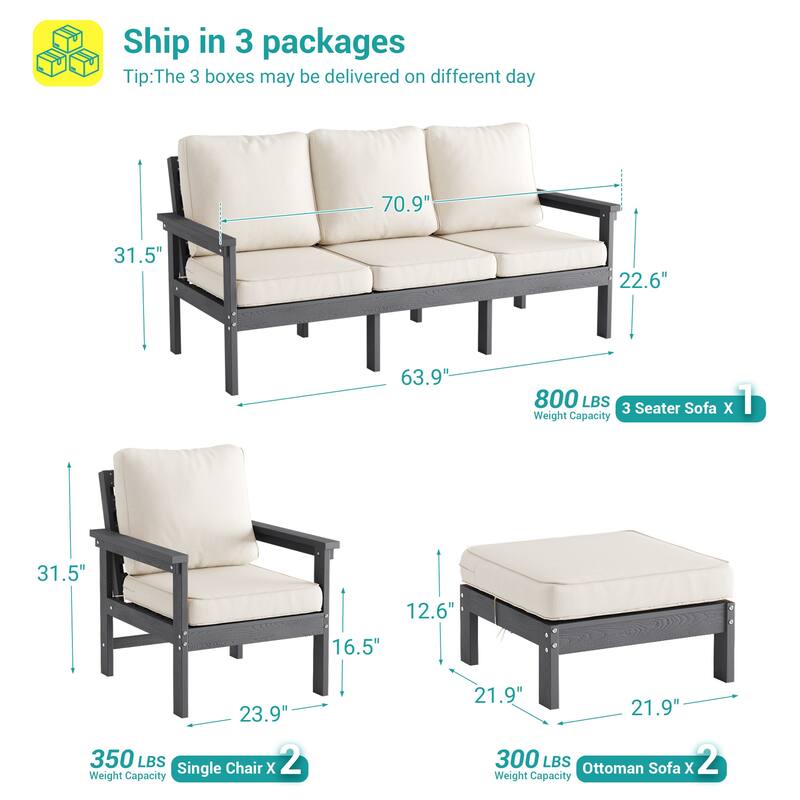 HIPS Outdoor Sofa Set with 3.9 Inch Cushions & Ottoman (Set of 5)