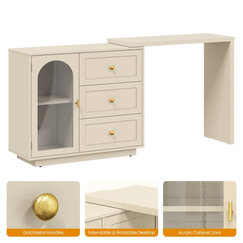 Extendable Makeup Vanity Desk with 3 Drawers & 1 Door