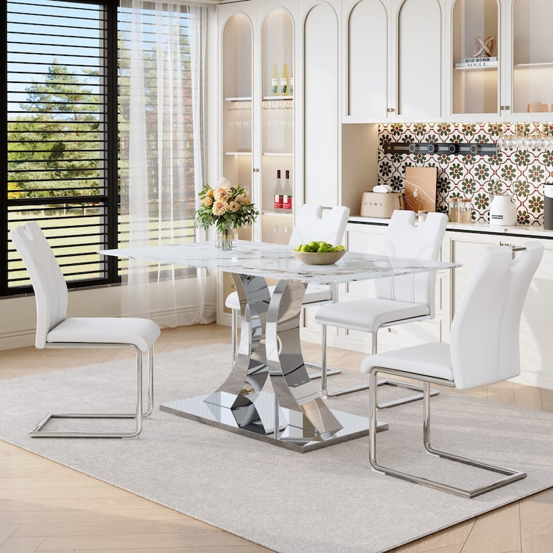 Modern 7-Piece Dining Set with 6 Ergonomic PU Chairs, Side Table Upholstered Chairs Comfy Dining Chairs - Silver White