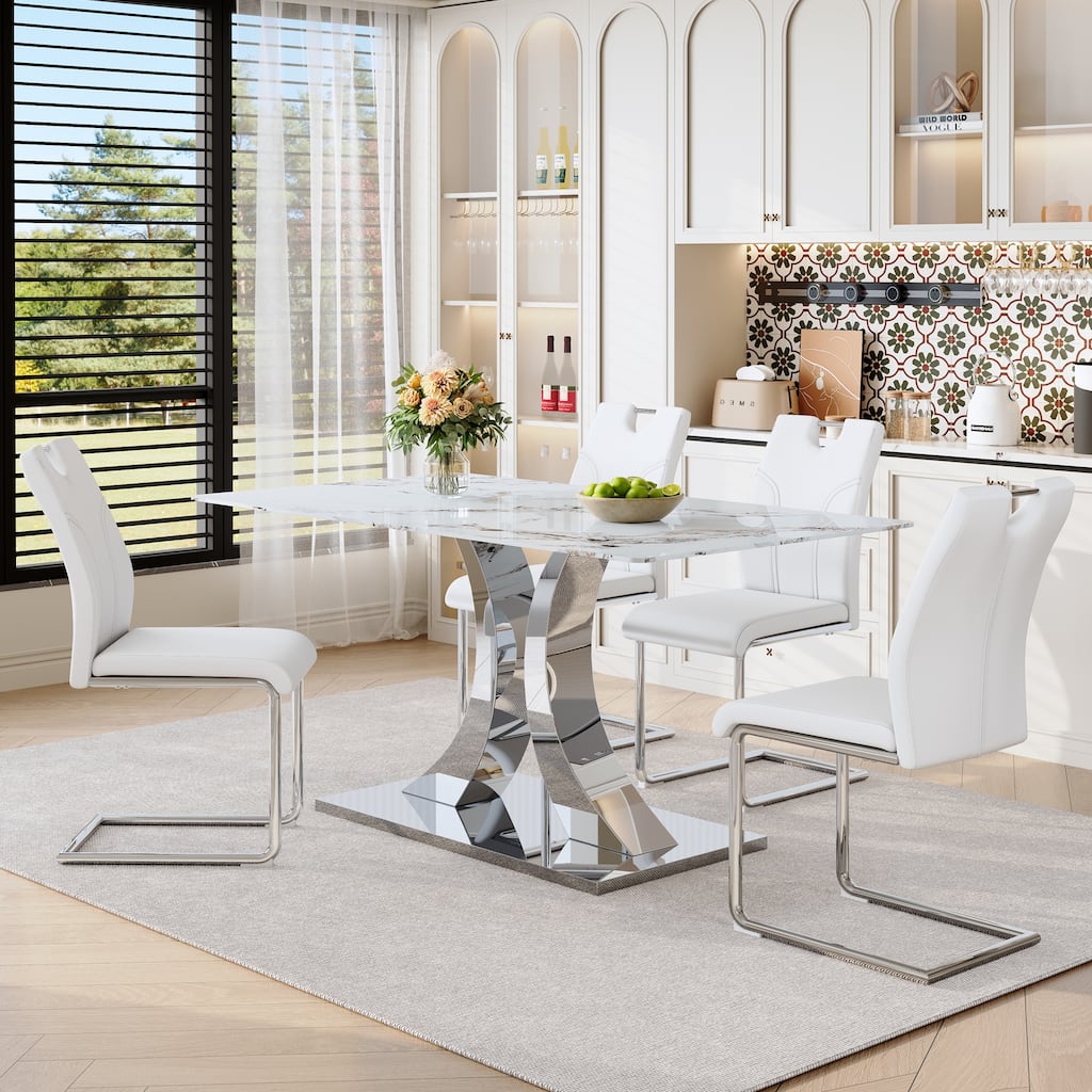 Modern 7-Piece Dining Set with 6 Ergonomic PU Chairs, Side Table Upholstered Chairs Comfy Dining Chairs