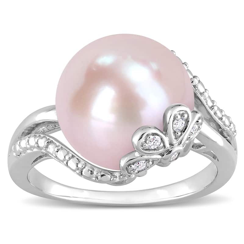 Miadora 12-12.5mm Button-Shaped Pink Cultured Freshwater Pearl and Diamond Accent Flower Split-Shank Ring in Sterling Silver