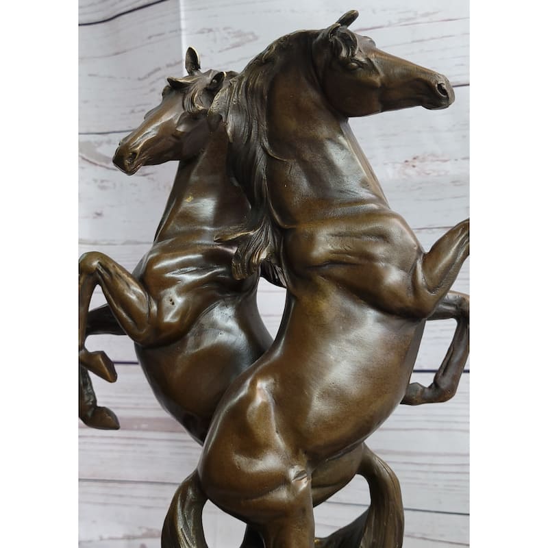 Two Rearing Stallions Horses Bronze Sculpture Statue Horse Lover Decor Signed Art On Marble Base