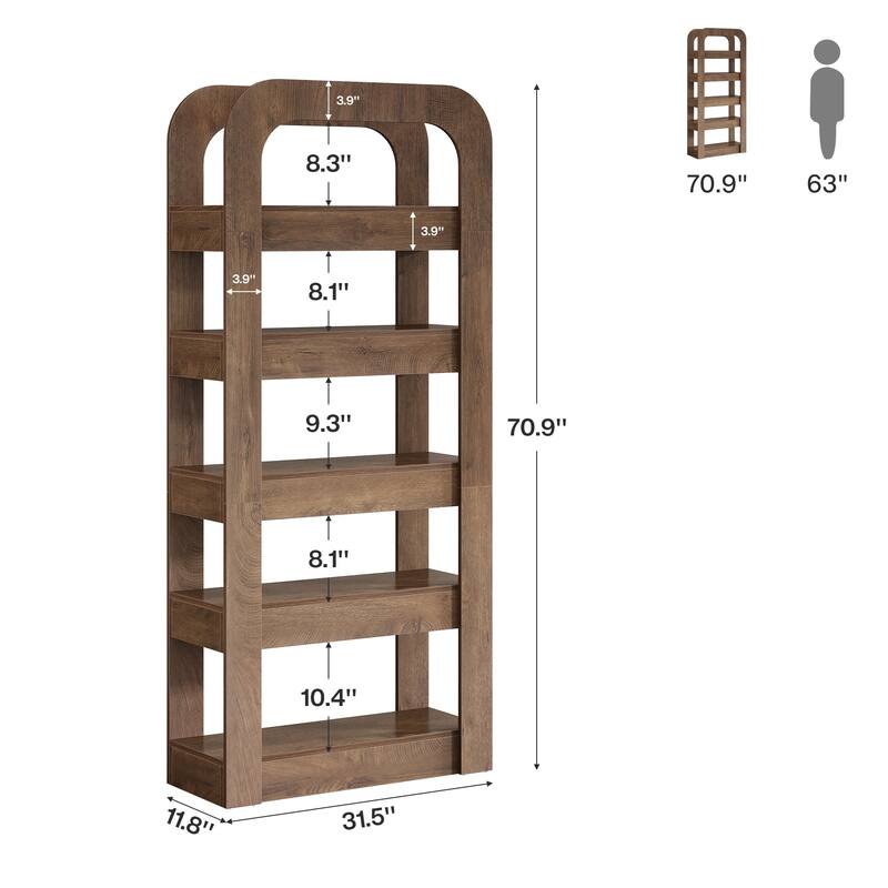 5-Tier Tall Bookshelf Bookcase with Open Shelves - 11.8" D x 31.5" W x 70.9" H