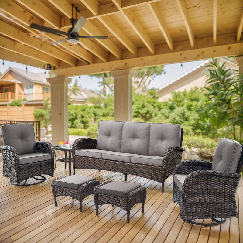 6 Pieces Patio Sofa Chairs Ottoman Brown-Grey - Brown - Brown - Grey