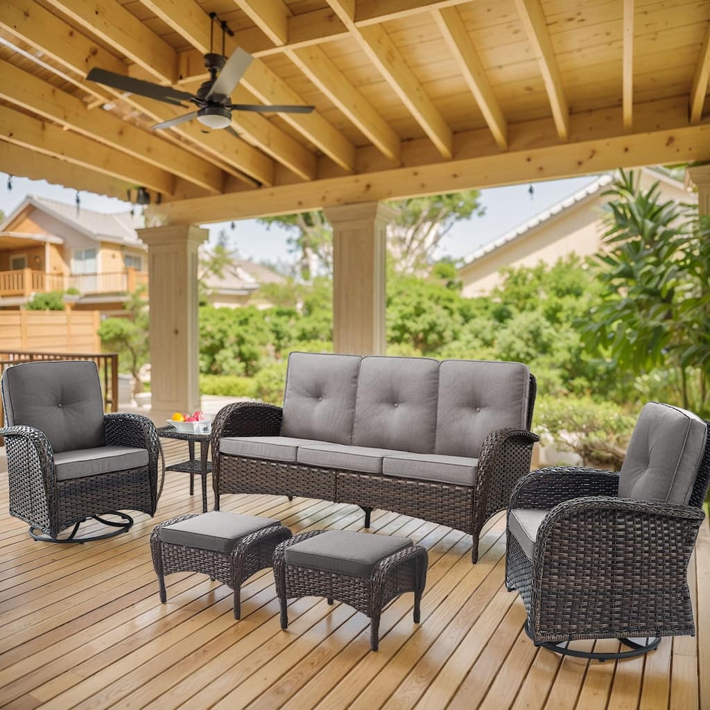 6 Pieces Patio Sofa Chairs Ottoman Brown-Grey - Brown