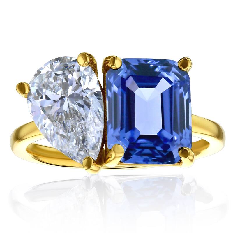 Kobelli Blue Sapphire & White Diamond Certified 14k Solid Gold 2 Stone Toi et Moi Dutchess Ring (EF/VS) - Yellow - 8