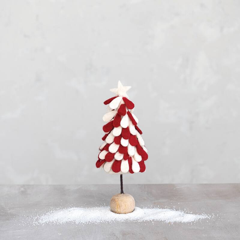 Handmade Wool Felt Tree with Star and Wood Ball Base - Red