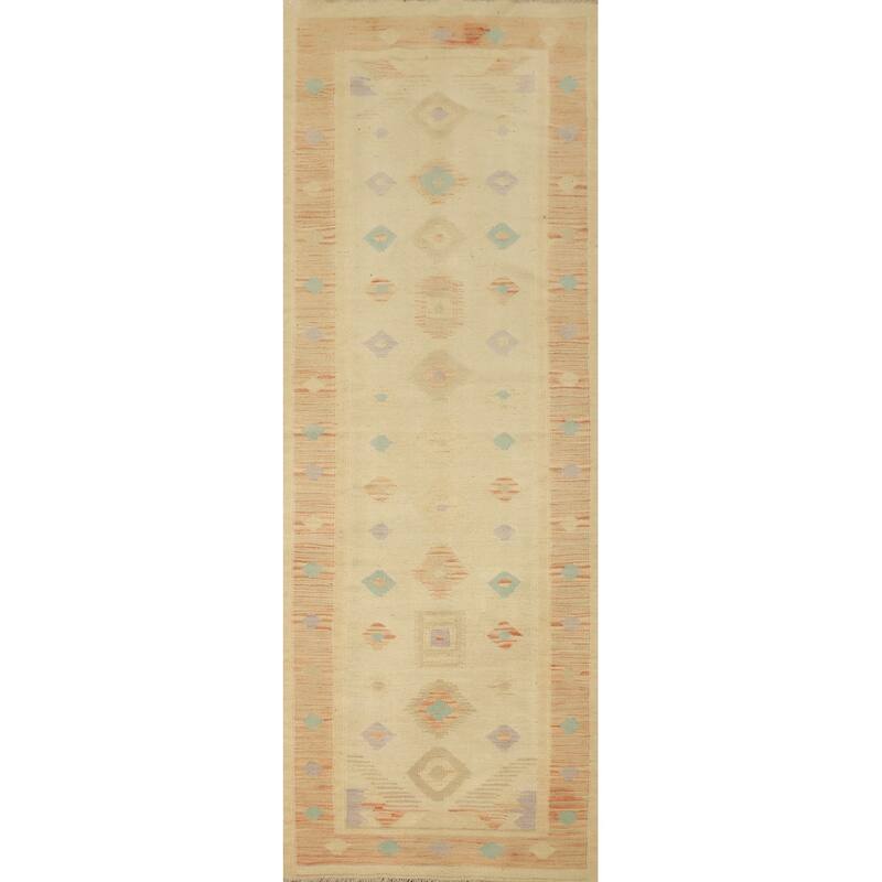 Hand Woven Oriental 100% Wool Carpet Southwestern Tribal Beige & Ivories Kilim Runner Rug - 9' 10'' X 2' 10''