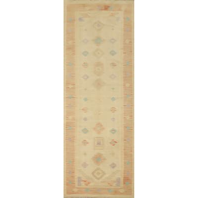 Hand Woven Oriental 100% Wool Carpet Southwestern Tribal Beige & Ivories Kilim Runner Rug - 9' 10'' X 2' 10''