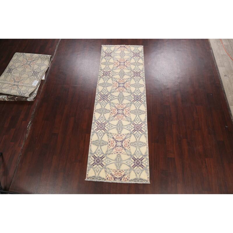 Vegetable Dye Abstract Oriental Staircase Wool Runner Rug Hand-knotted - 3'2" x 9'11"