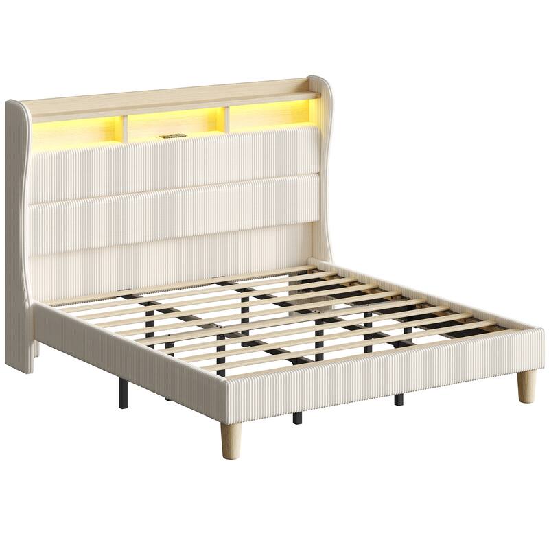 Bestier King Size Platform Bed Frame with Charging Station and Headboard,Upholstered Bed Frame with 2 USB Ports and Outlets