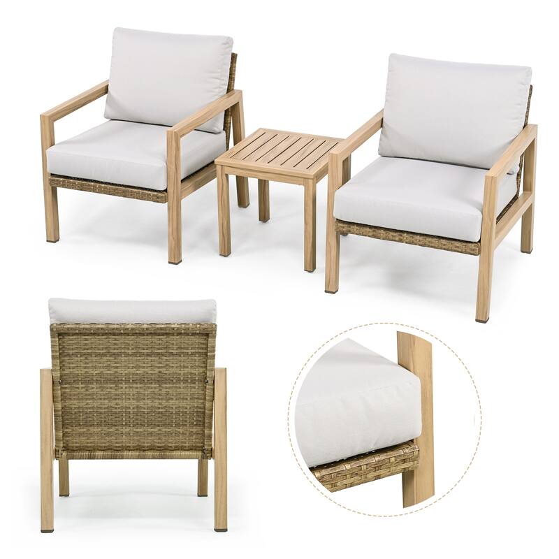 3-Piece Wood-grain Aluminum Patio Conversation Set with Rattan Chair Back and Cushions