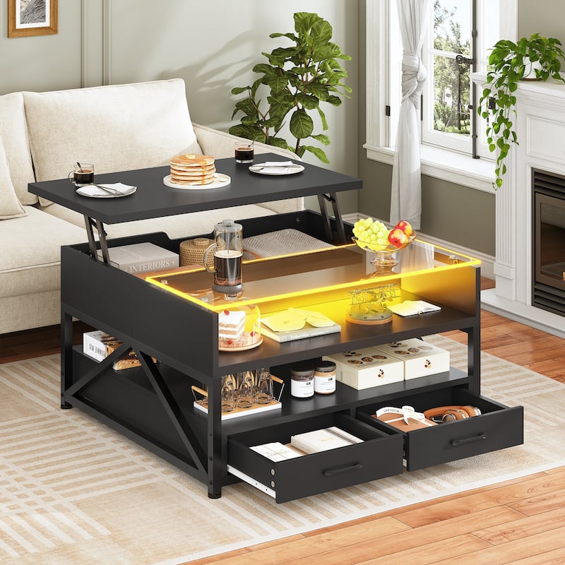 Coffee Table Lift Top 2 Drawers Hidden Compartment for Living Room