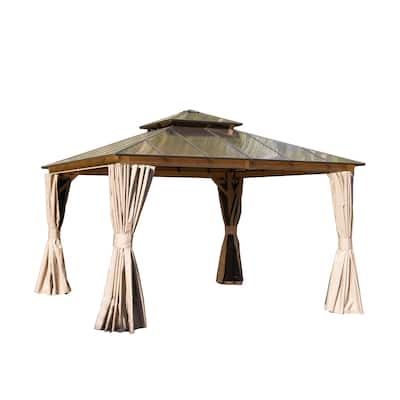 12'x12' Hardtop Gazebo,Aluminum Gazebo Pavilion with Curtain and Net for Garden, Patio, Lawns, Deck, Backyard(Wood-Looking)