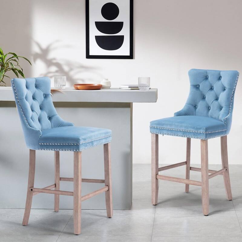 Wing Back Velvet Tufted Nailhead Barstools(Set of 6) - LightBlue Velvet Set of 2