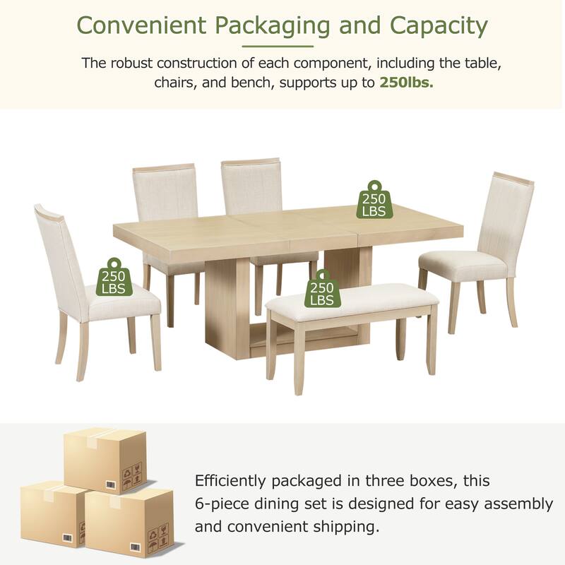 Contemporary 6-Piece Extendable Pedestal Dining Table Set with Removable Leaf, Dining Bench, 4 Upholstered Dining Chairs