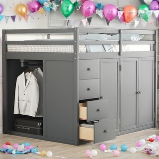 Full Size Loft Bed With Built-in Wardrobes,Cabinets And Drawers for Home