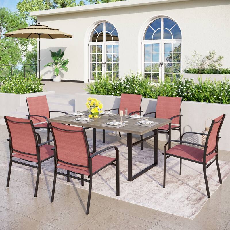 MAISON ARTS 7-Piece Outdoor Dining Set with 6 Textilene Chairs and U-Shaped Leg Table - Red
