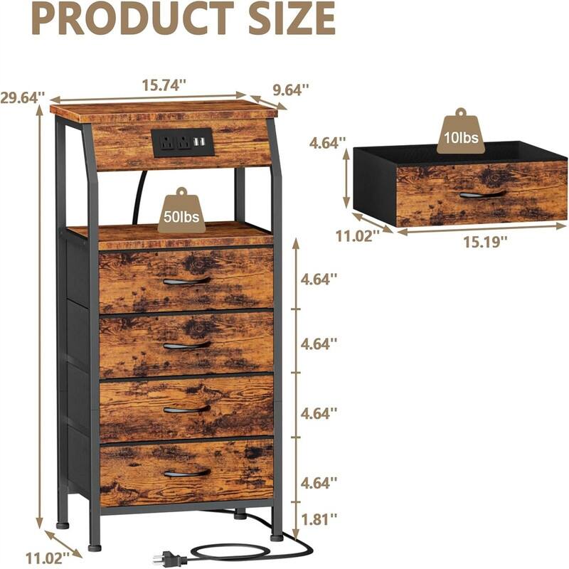 Night Stand with Charging Station Small Bedside Table with Wood Shelf