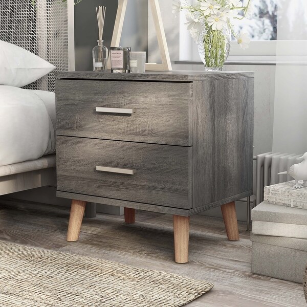 Denhour DH Basic Mid Century Modern Distressed Grey 2 Drawer Nightstand with Bar Pulls by Gray