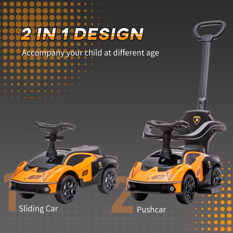 Licensed Lamborghini Toddler Push On Car with Detachable Handle, Steering Wheel, Engine Sound and Storage Space for Kids