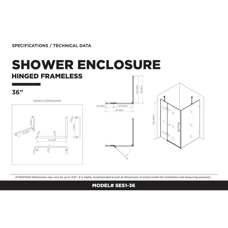 Fine Fixtures Frameless Shower Enclosure Hinged Glass Shower Door - Tempered Glass