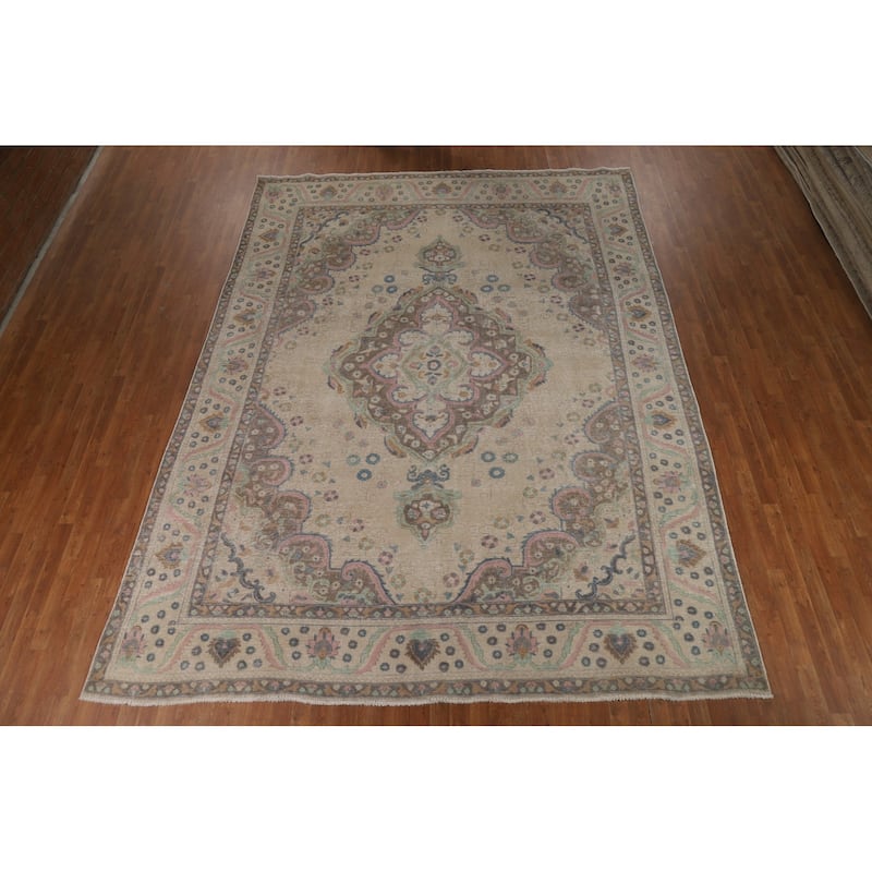 Hand Knotted Oriental 100% Wool Carpet Traditional Floral Beige & Ivories Tabriz Area Rug - 12' 9'' X 9' 7''