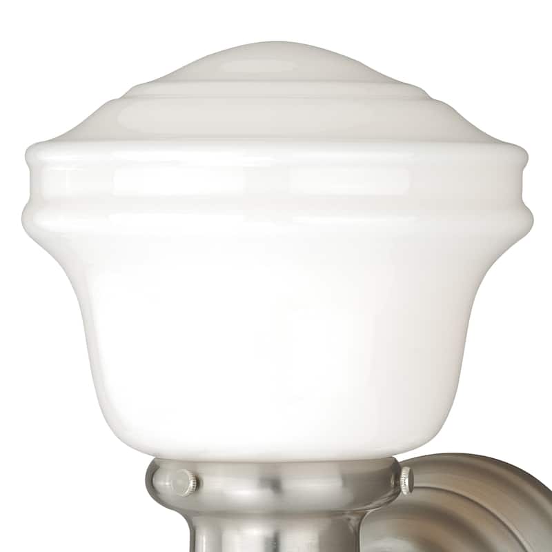 Huntley 1-Light 6.75 in. W Satin Nickel Bathroom Vanity Lighting Fixture, White Schoolhouse Glass Globe, Wall Mounted Sconce