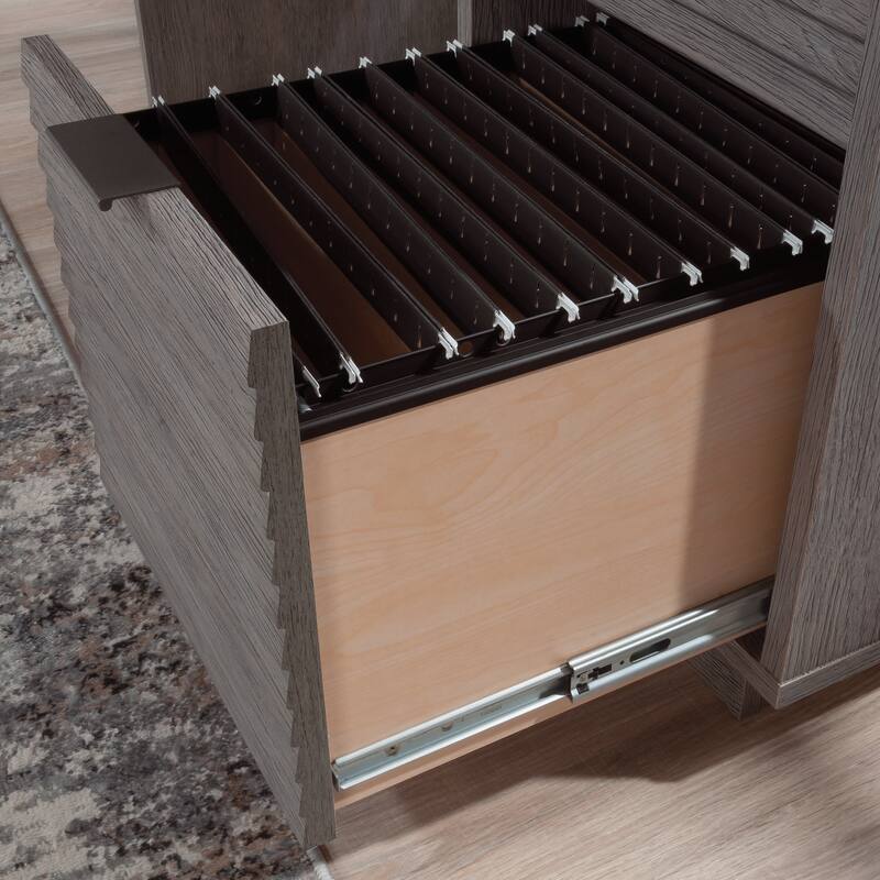 Gray 2-Drawer Compact Desk with Open Shelf and Cord Management for Small Spaces
