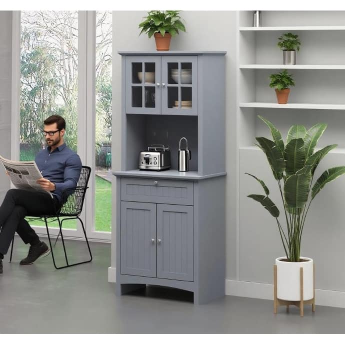 Freestanding 4-Door Pantry 64.5"Tall Wood Storage Cabinet with Open Countertop and Drawers, Kitchen Cupboard with Shelves - Grey